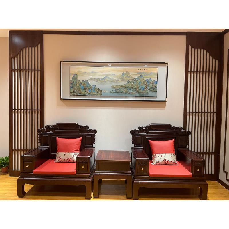铜鑫铜亿《千里江山》手工铜板雕刻 新中式客厅沙发办公背景挂画