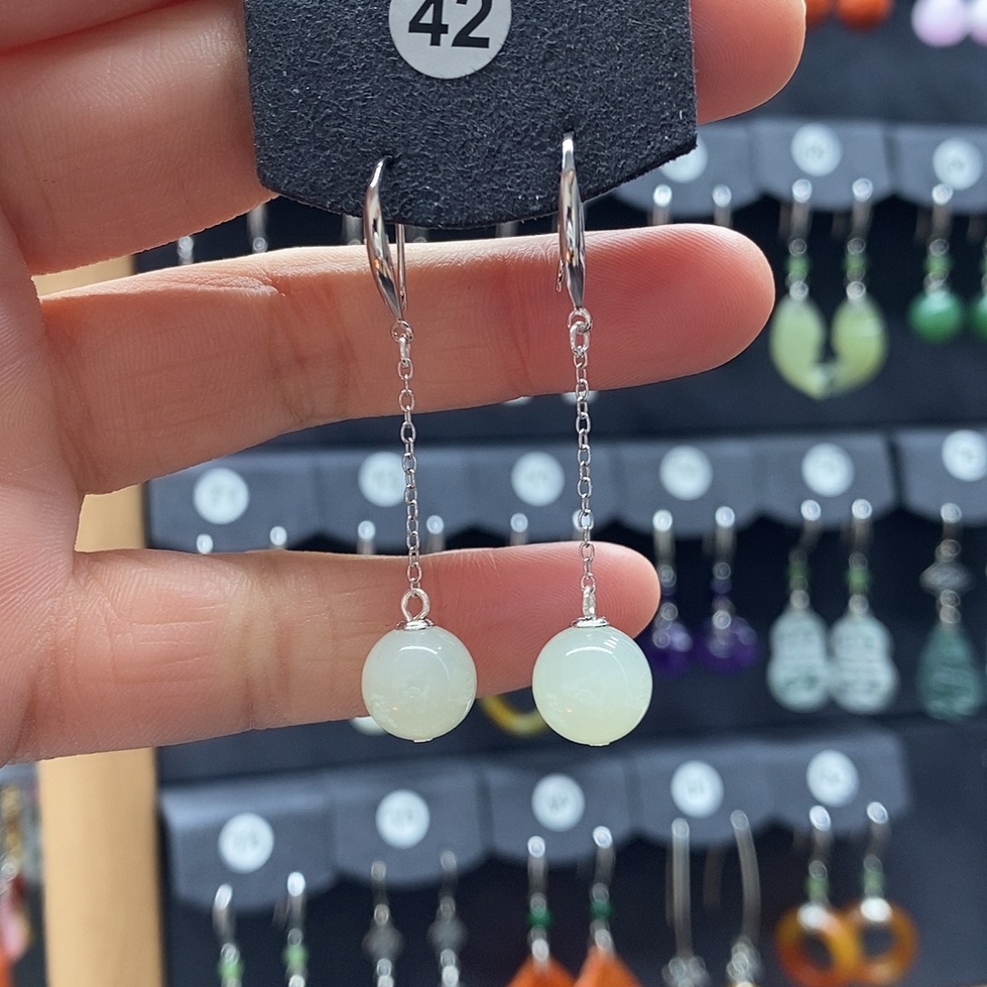 和田玉银S925镶嵌耳饰