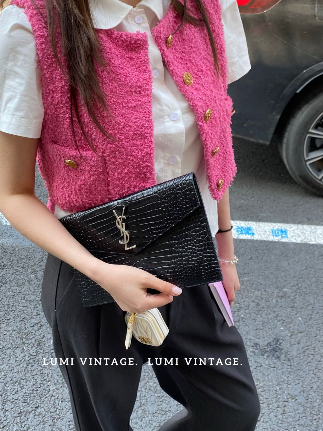 95新 YSL/圣罗兰 黑银鳄鱼压纹手包76747642