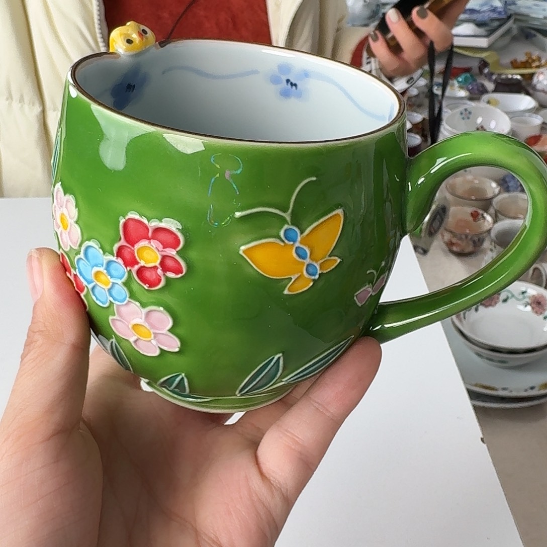 瓷片清水烧交趾釉绿色马克杯
