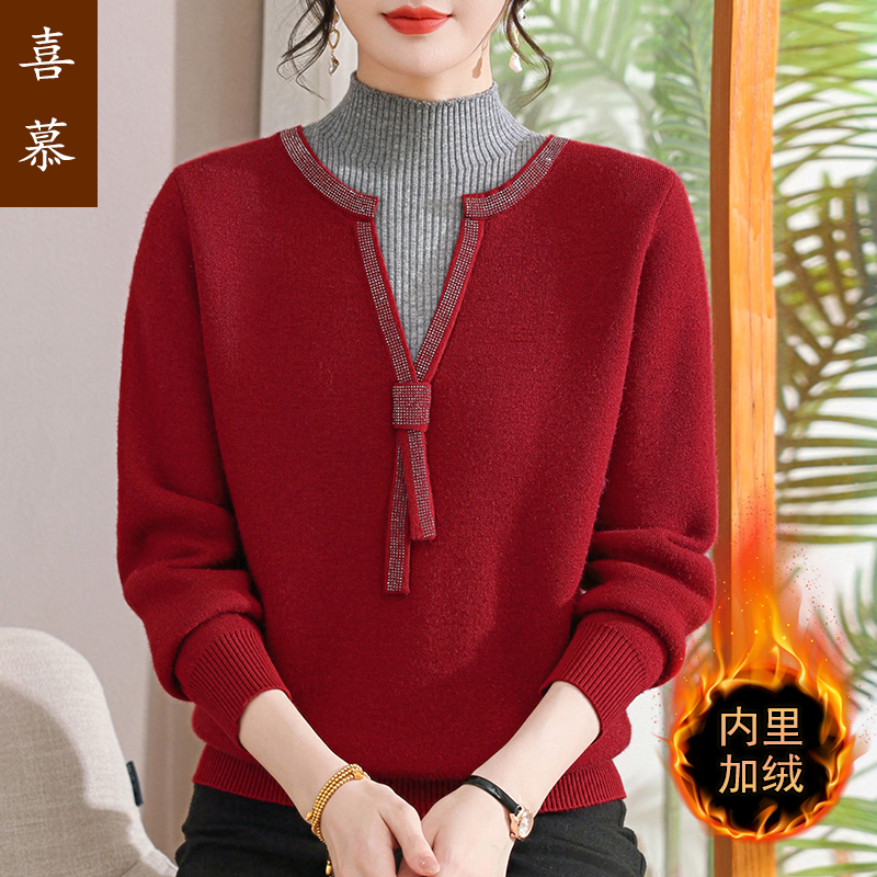 妈妈装冬装加绒加厚毛衣中老年女秋冬保暖针织打底衫内搭上衣