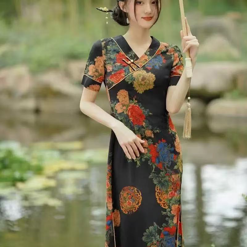 8890–老上海旗袍改良版中国风新款长款大码修身形体喜婆婆改良新