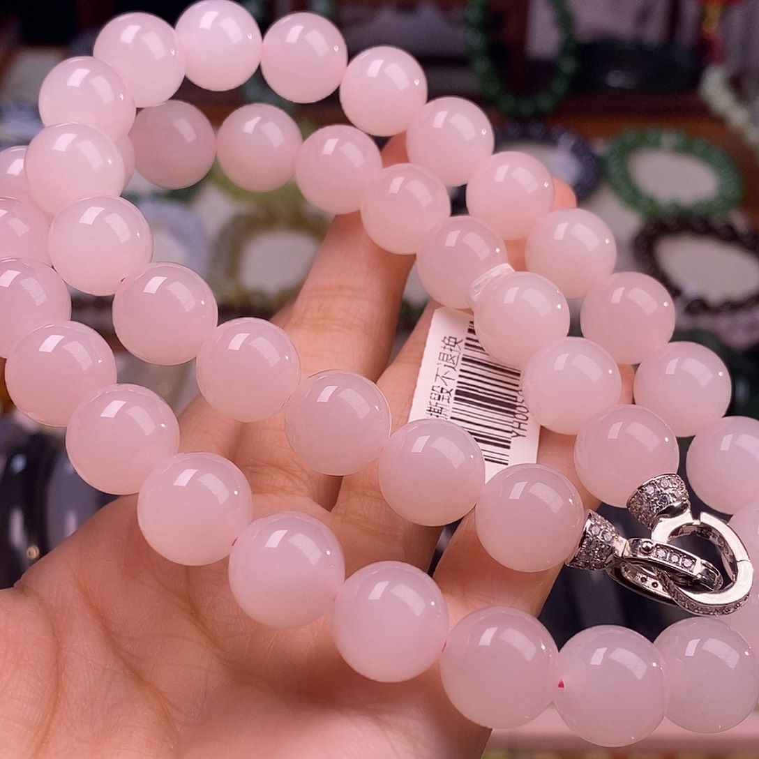 颈饰未镶嵌和田玉樱花粉毕业级老料藕粉项链12m