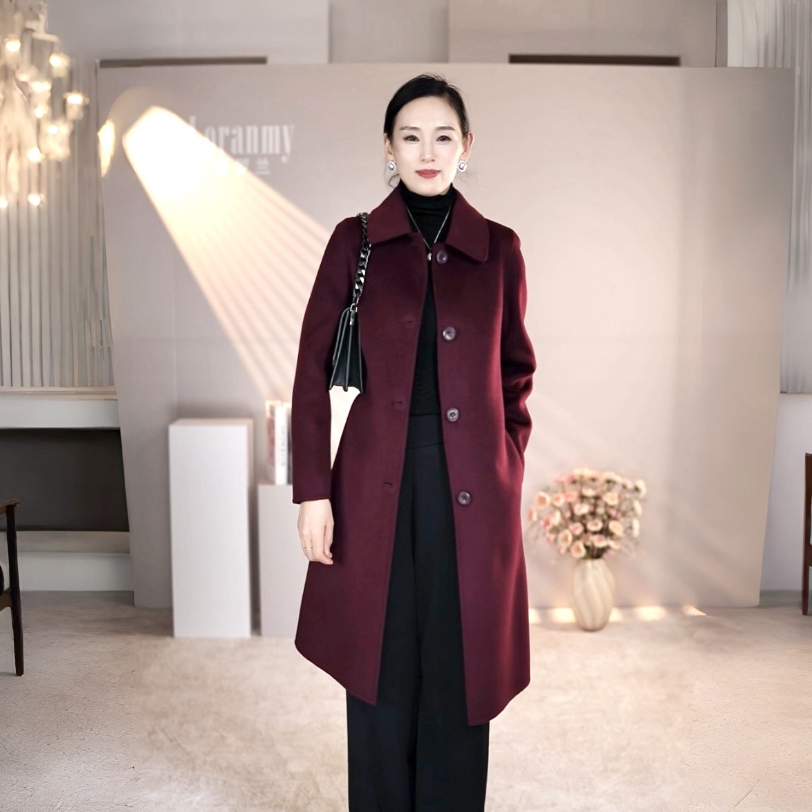 LORANMY/麦罗兰秋冬新款高端简约大气百搭显瘦羊毛呢大衣中长款
