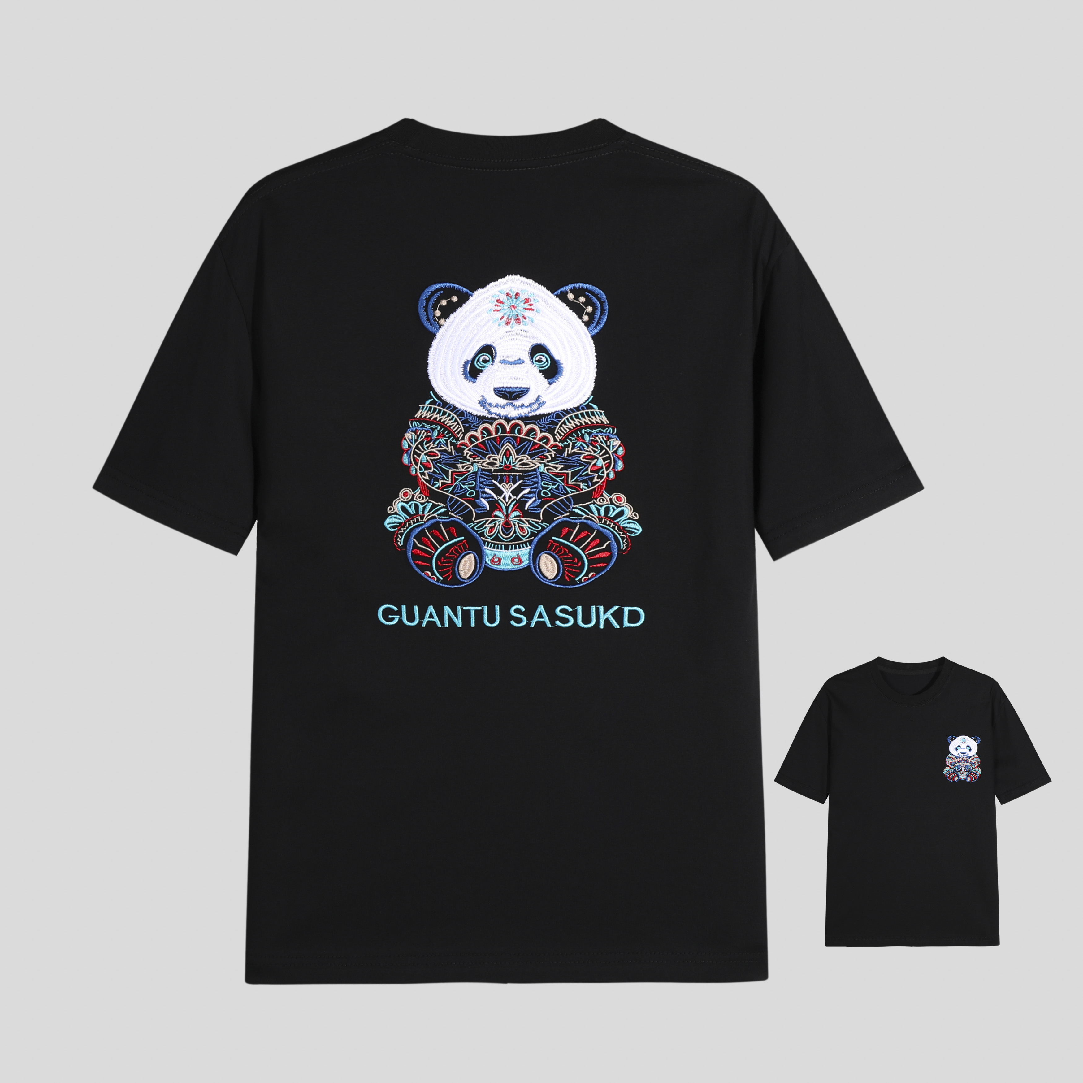 【花】春夏季百搭短袖国风熊猫佛爷刺绣T恤 y319