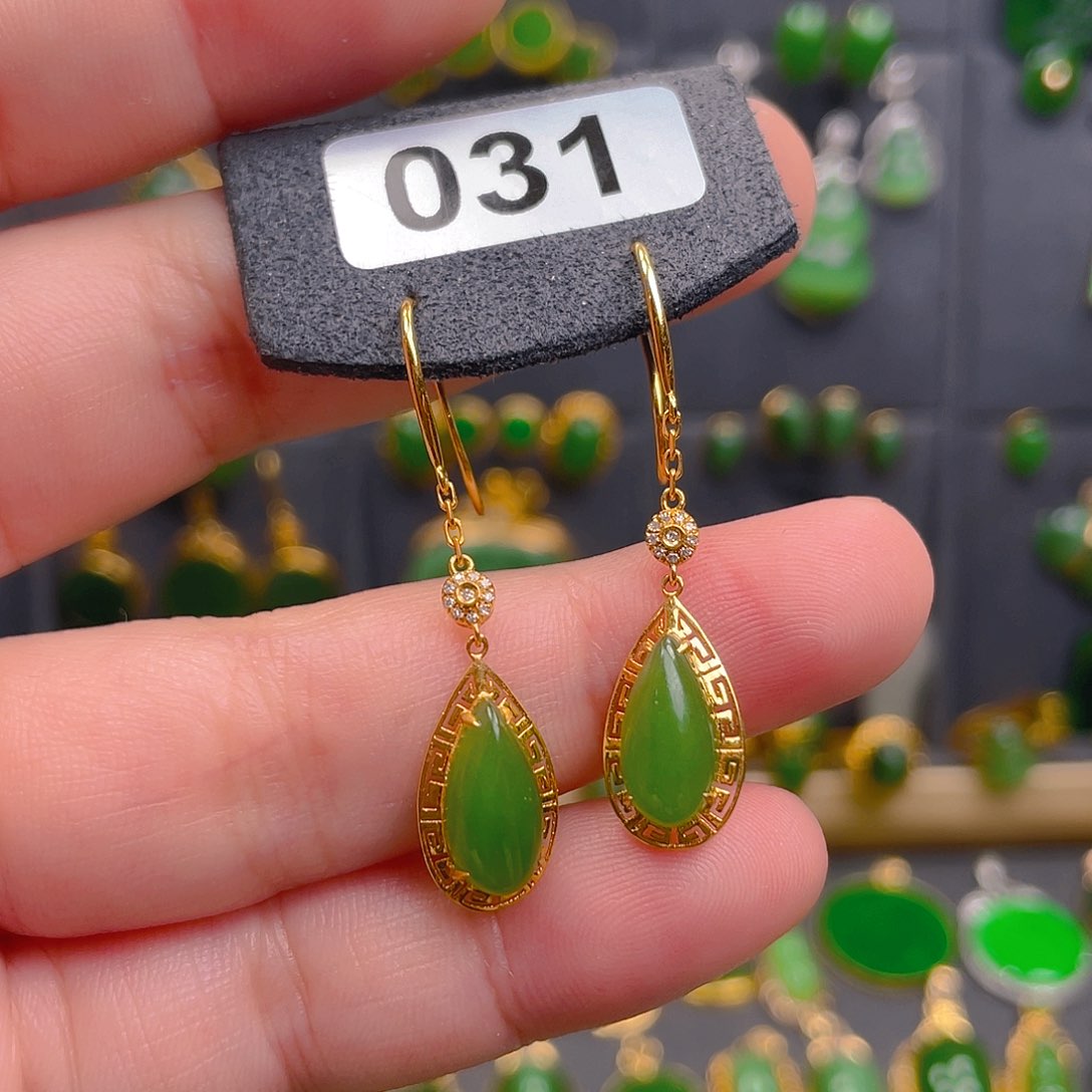 和田玉18K金镶嵌耳饰031