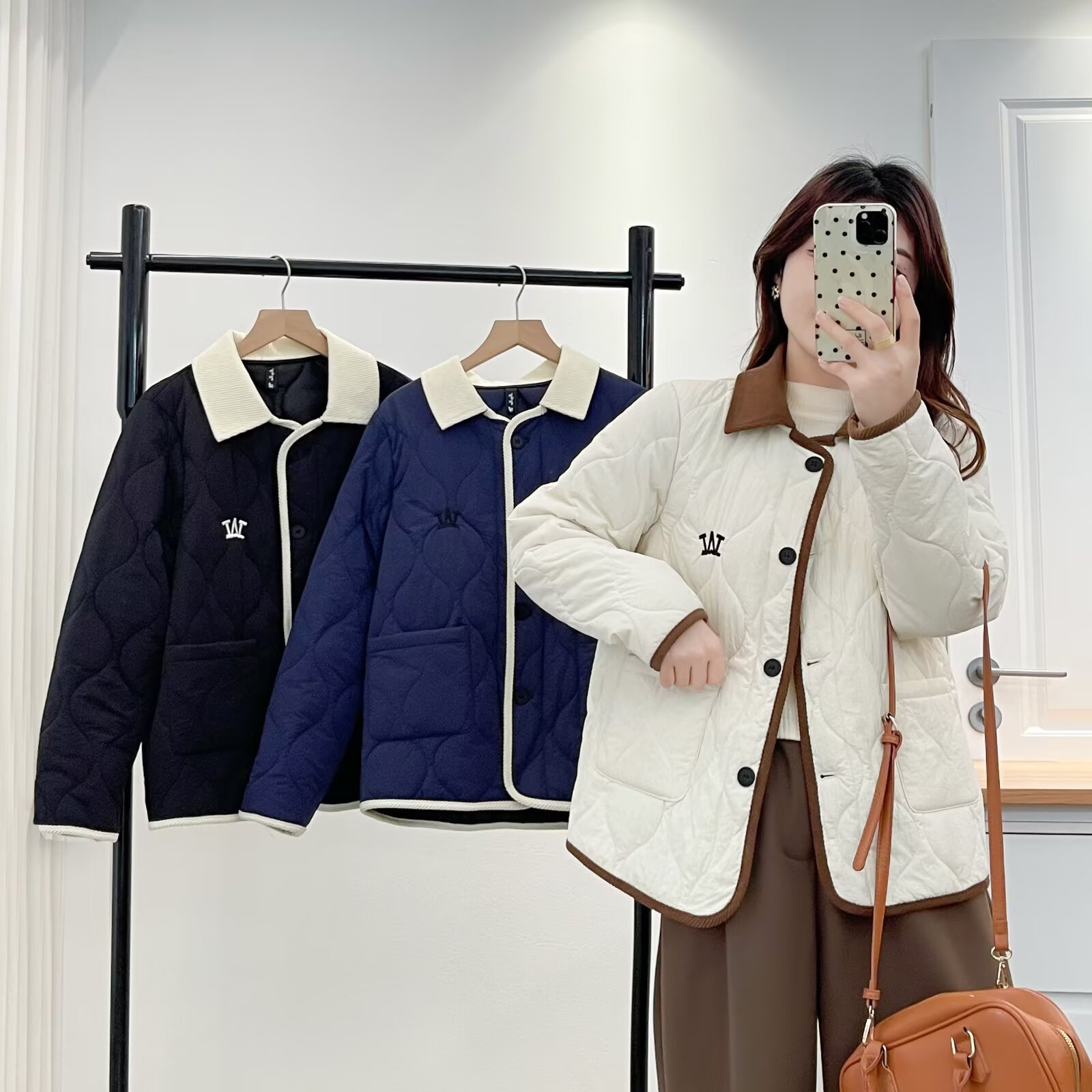 常规款宽松型保暖女翻领棉衣棉服格子厚款长袖POLO领