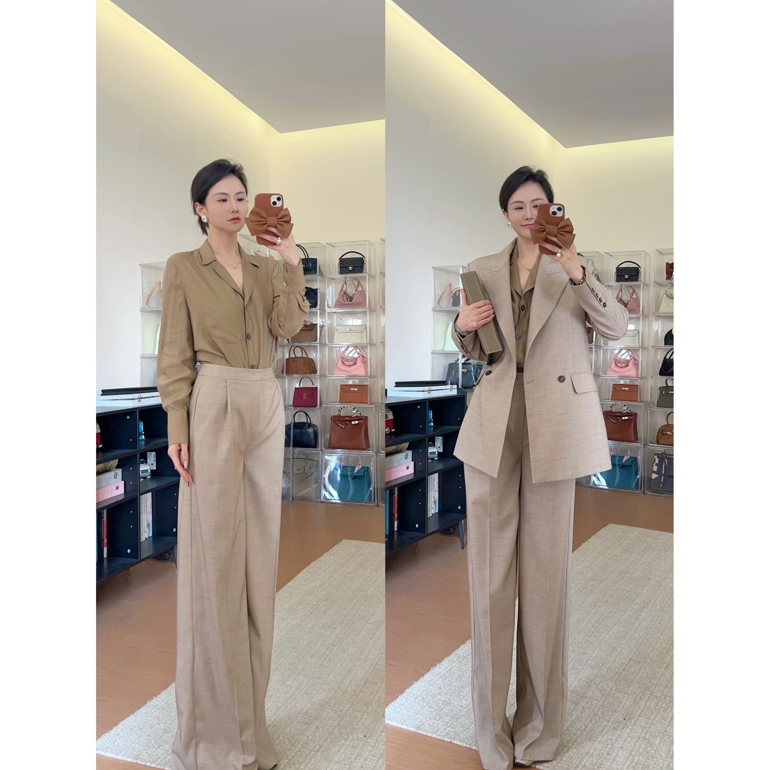 【设计师手稿】老钱风设计师款宽肩廓形通勤职业卡其绿套装女