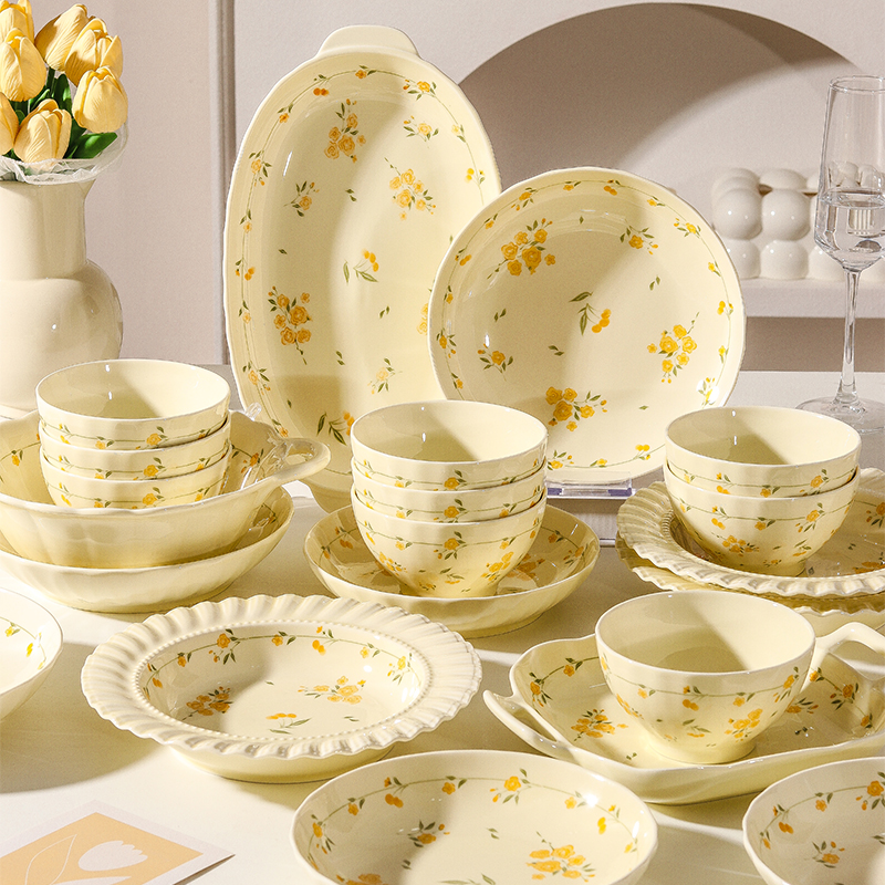 浪漫花开家用套餐陶瓷碗碟盘可爱吃饭盘子釉下彩餐具小清新碗盘