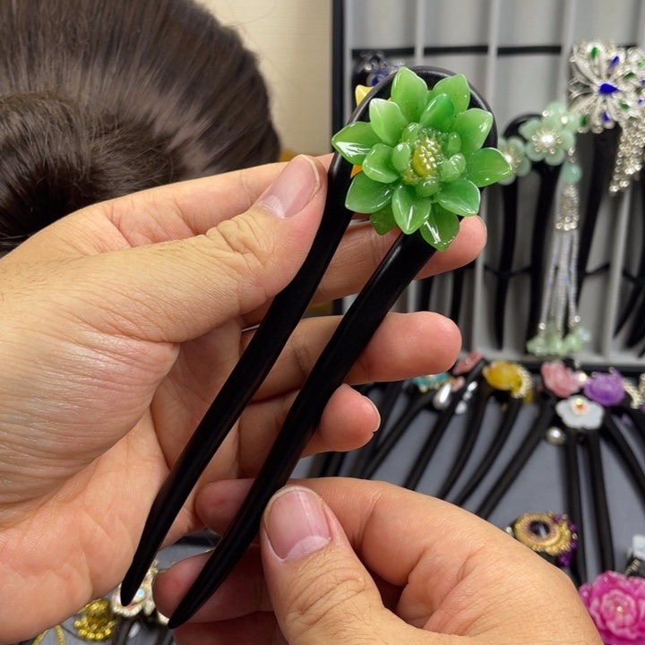 非金属木质15厘米发钗双面荷花