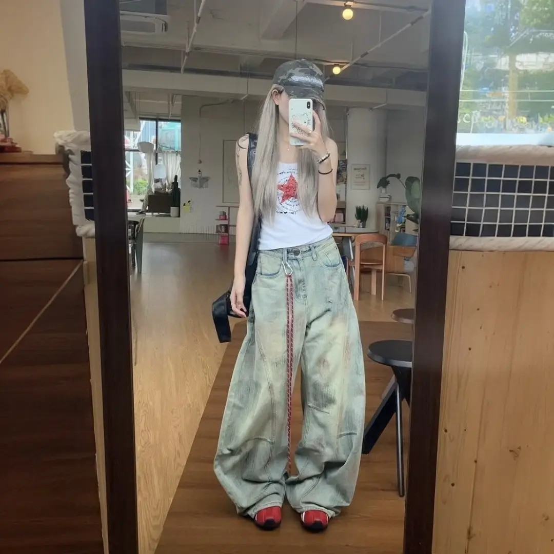 【现货+运费险+送挂绳】脏染做旧牛仔裤女设计宽松弯刀阔腿高腰拖地
