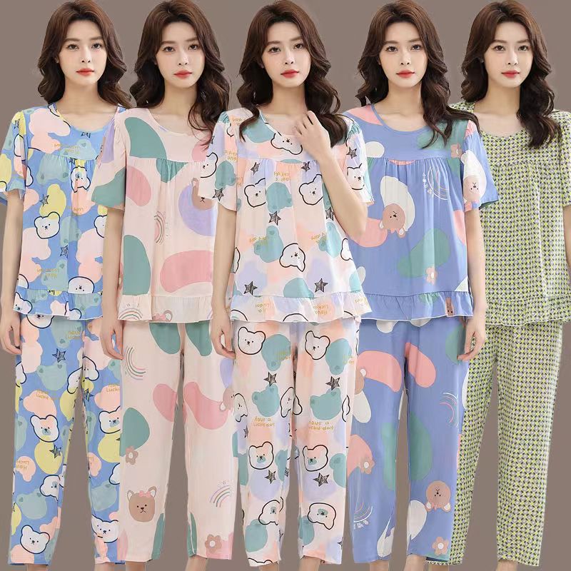 夏季短袖九分裤两件套2025年新款夏天睡衣套装薄款宽松休闲家居服