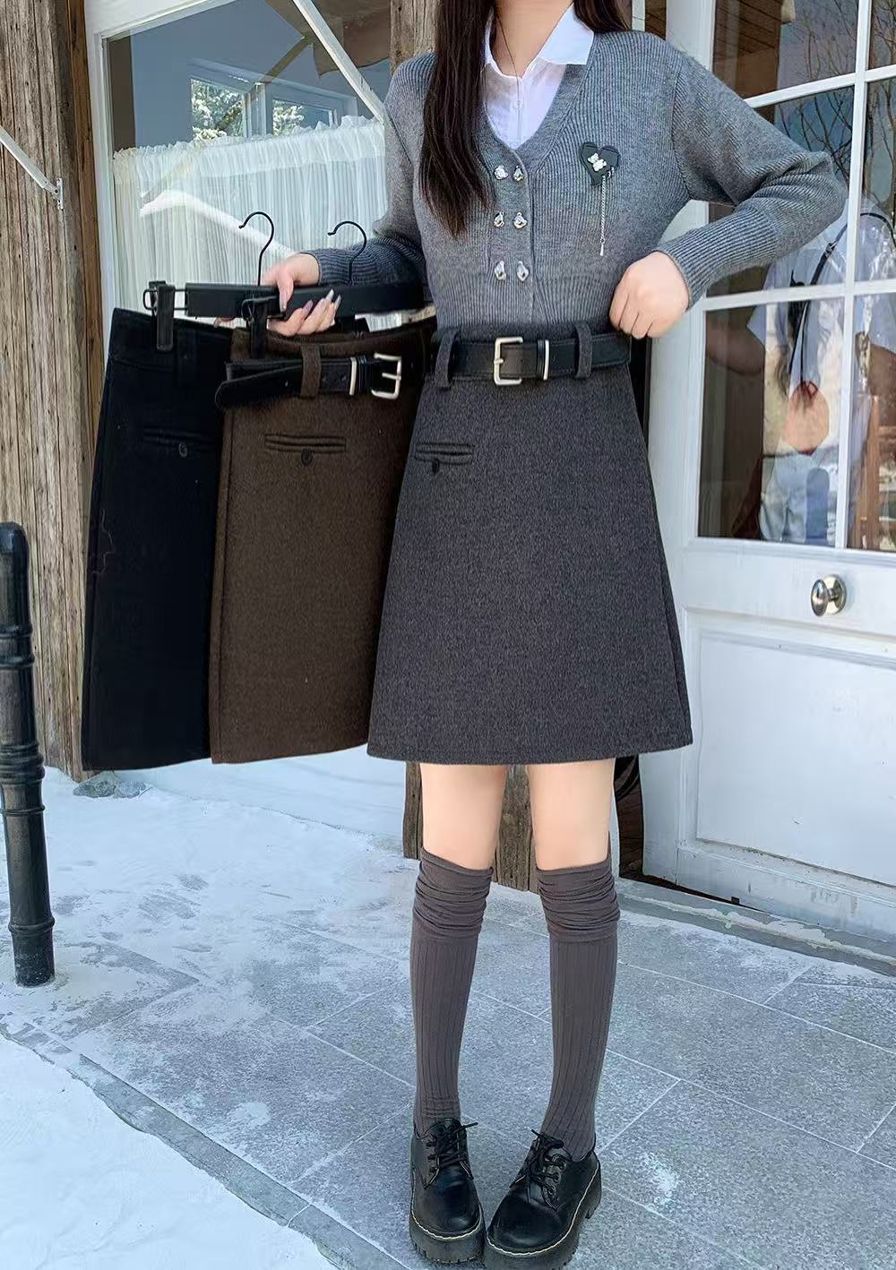 【大码中裙毛呢】2025女装秋冬新款复古高腰短款显瘦A字裙半身裙