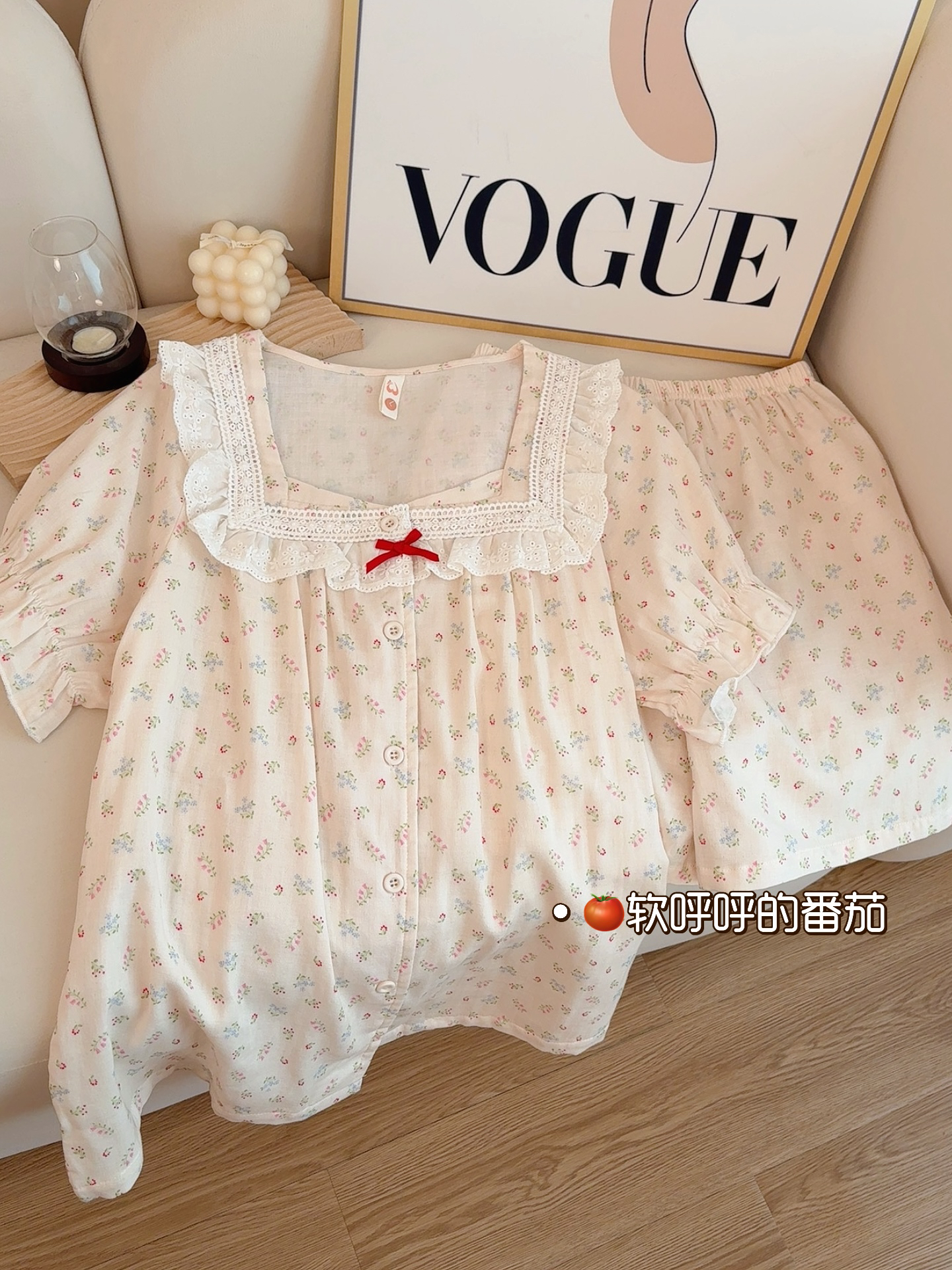 茶歇小碎花｜夏季棉纱短袖睡衣女甜美花边复古家居服套装可外穿