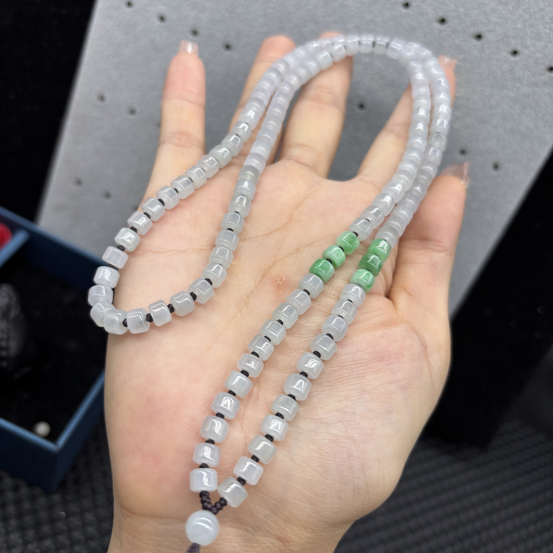 高档天然缅甸A货翡翠白冰种桶珠5mm玉石挂件绳毛衣链长链时尚百搭