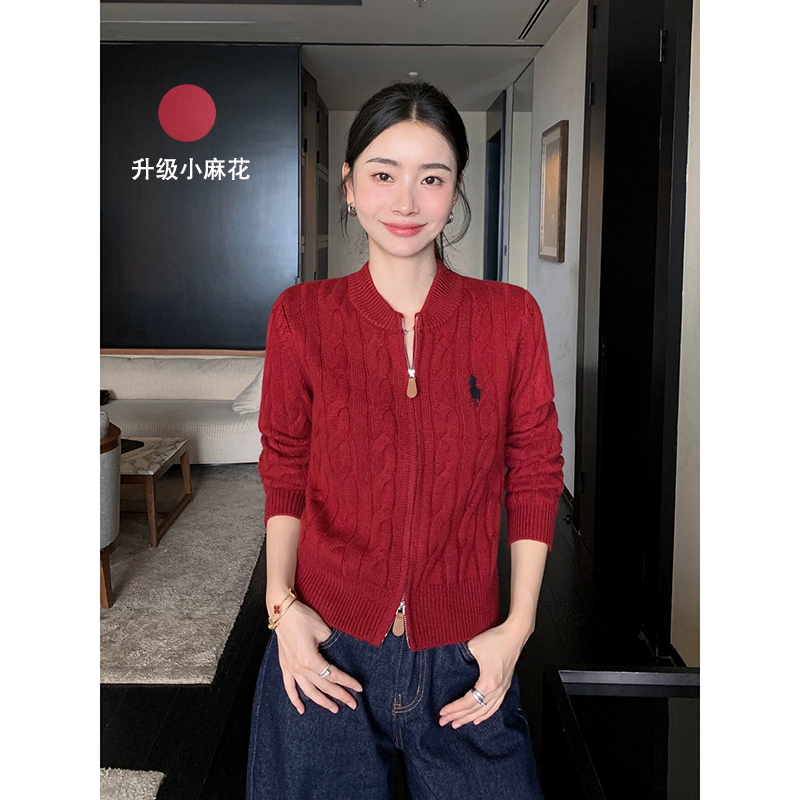 【红色】开衫外套3491超柔软新款高品质圆领拉链小马上衣