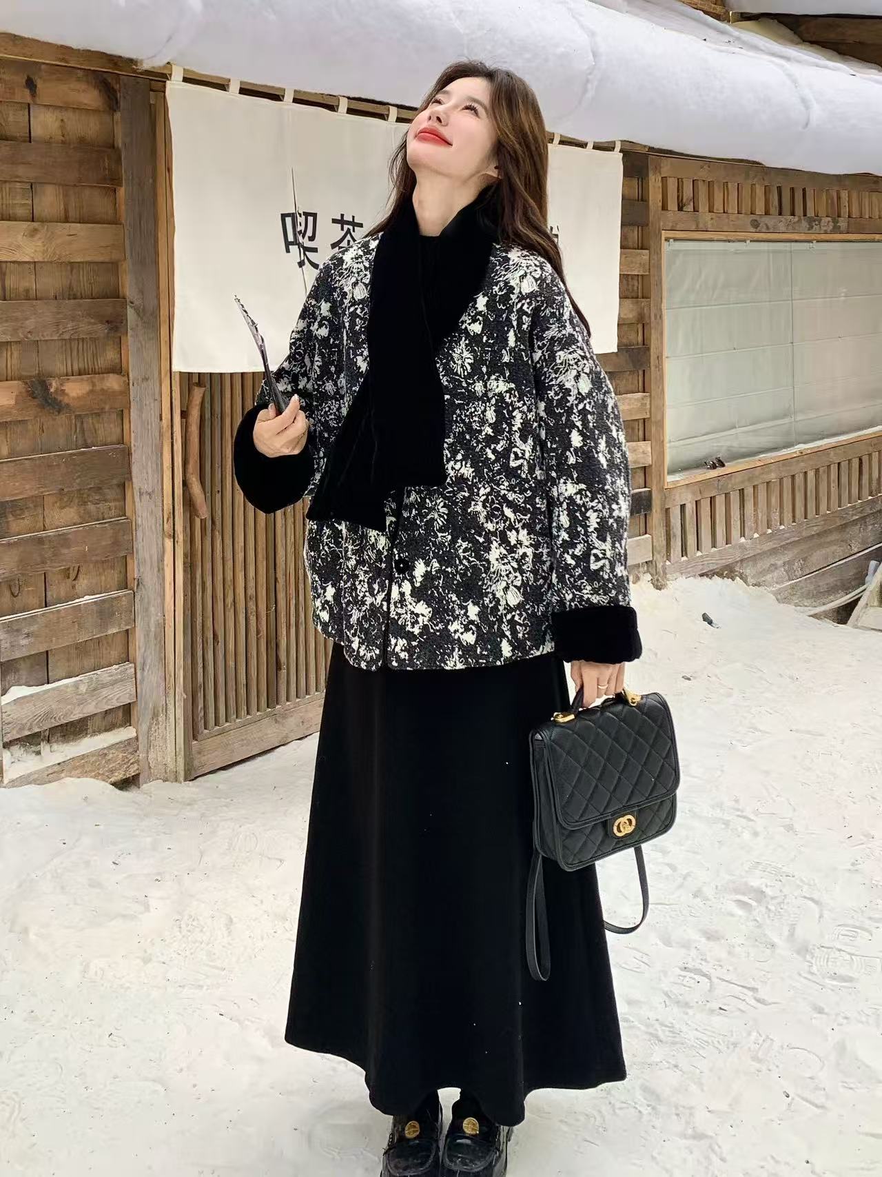 【沐禾】2025印花单排扣常规款短款羽绒拼接气质洋气加厚 衣长64 YM