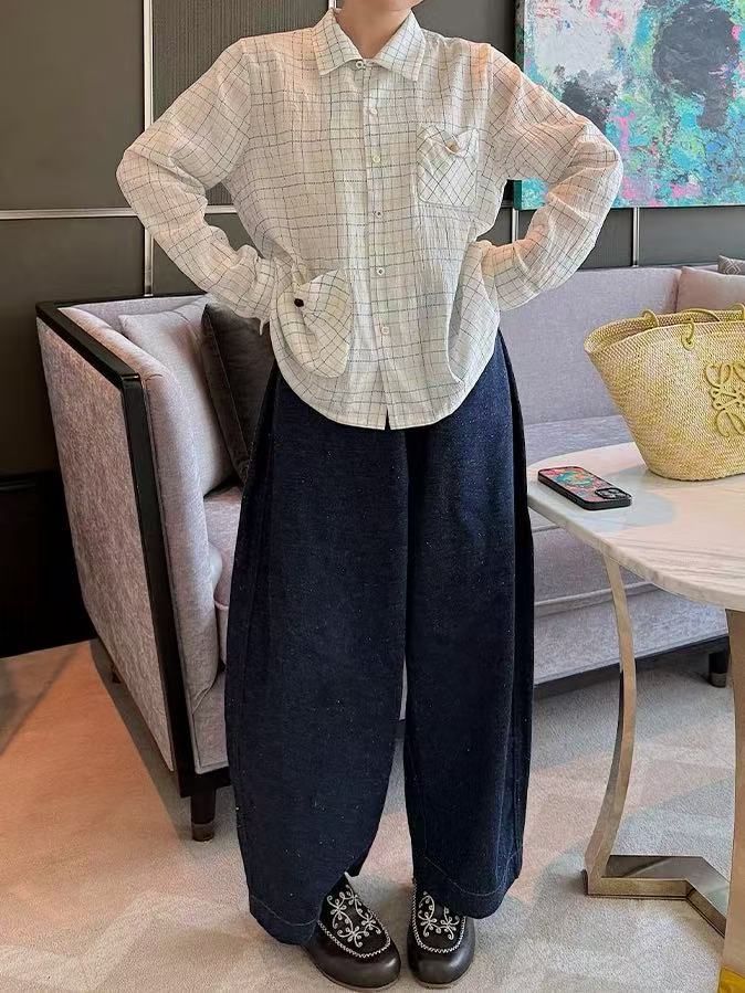 REREK设计师品牌2025春夏新款百搭彩点廓形松紧腰宽松牛仔裤