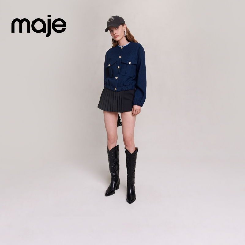 Maje女装巴恩风高级感时尚深蓝色长袖短外套上衣MFPBL00644