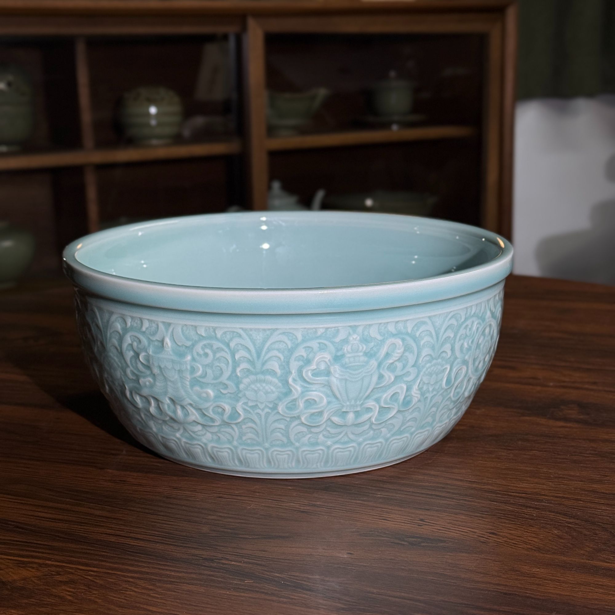 长安知己耀州窑原矿高温青瓷中式家用简约传统八宝纹陶瓷和面盆