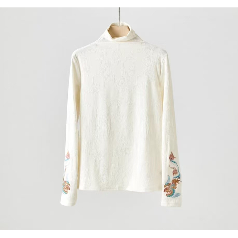 【凤鸣】重工刺绣半高领显瘦加薄绒长袖打底衫秋冬时尚上衣555