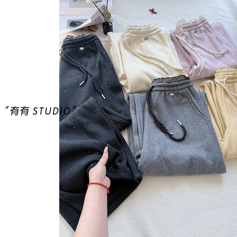 「银河碎闪花苞腰弯刀裤」韩系！亮片细闪高腰女加绒弯刀休闲裤   