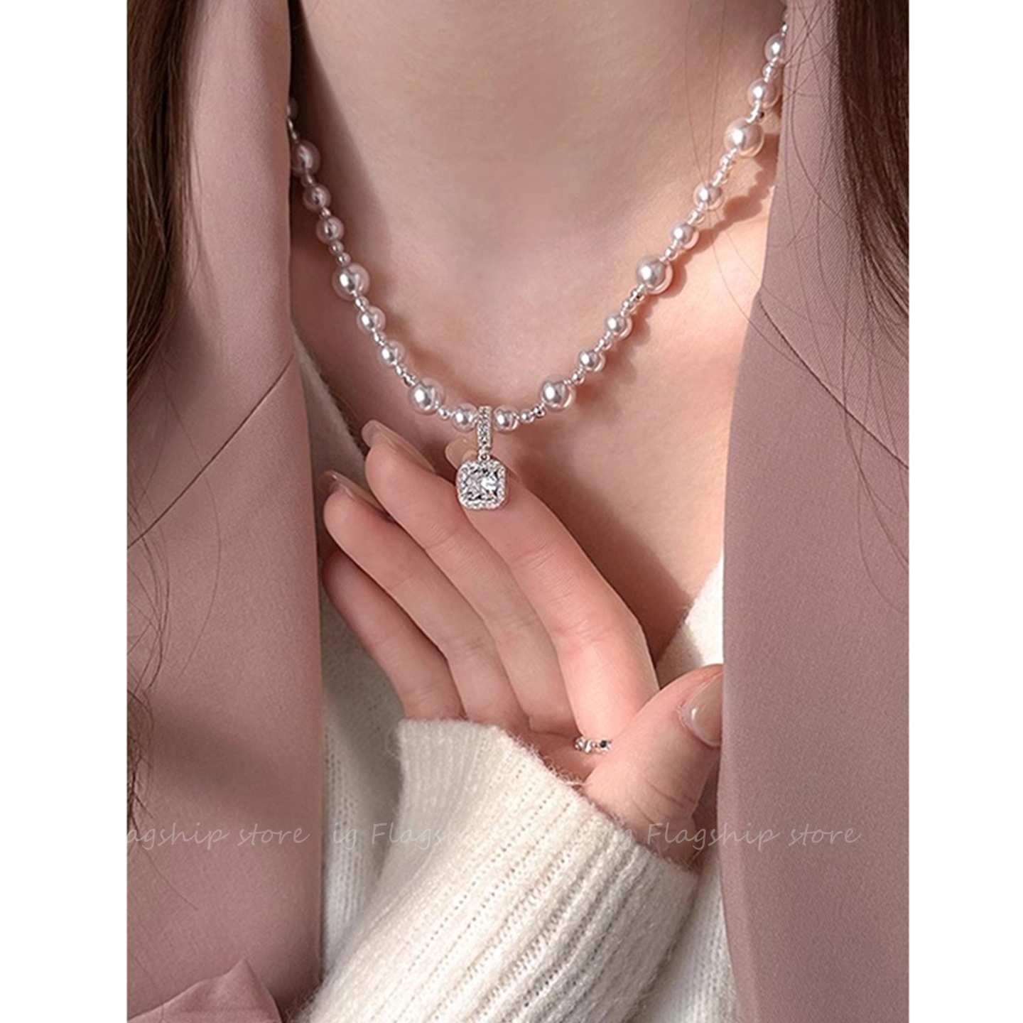 合金仿珍珠项链 曼塔玫瑰色方糖吊坠施家珍珠项链女轻奢气质颈链