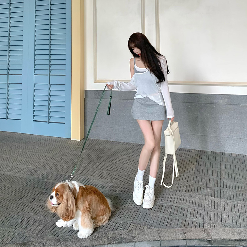 Liuu嘻嘻阿甜辣宽松防晒罩衫上衣女夏休闲运动吊带A字短半裙套装