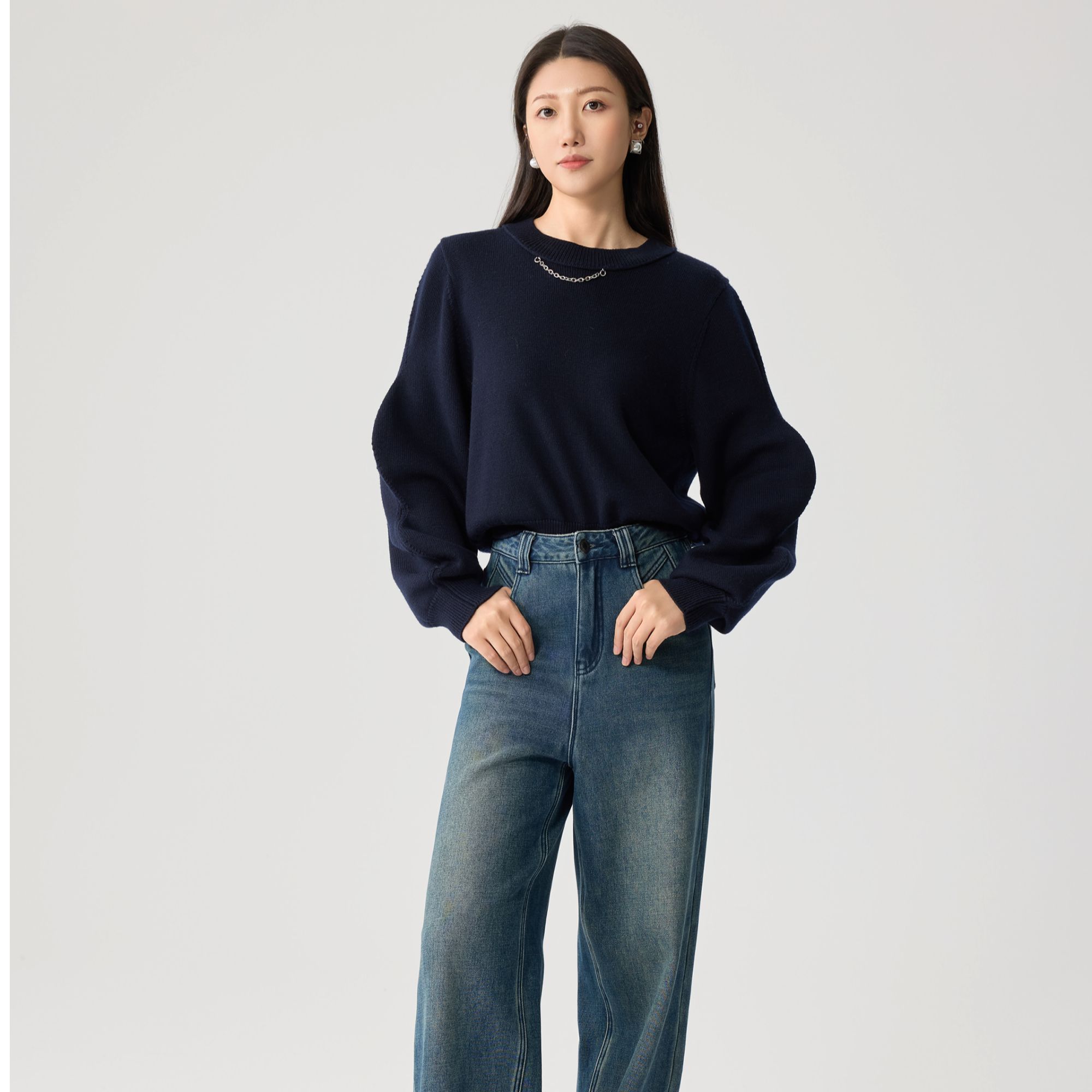 MYHOT华家曼冬季新款波浪袖设计感绵羊毛毛织套头衫