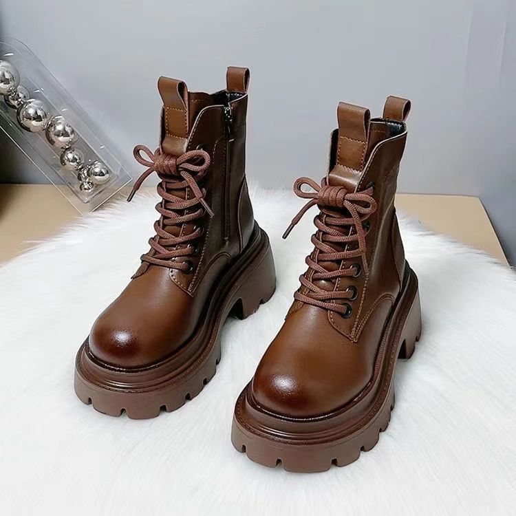 真皮厚底马丁靴女英伦2025新款秋冬时尚小个子增高侧拉链加绒短靴