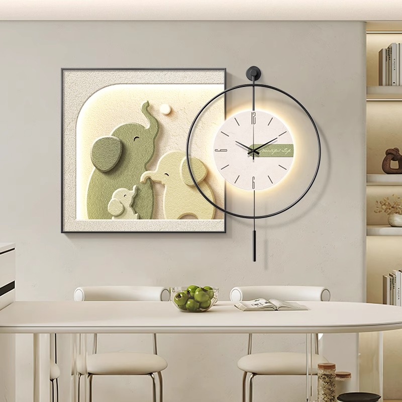 大象餐厅装饰画带挂钟现代简约餐桌背景墙壁画侘寂风客厅钟表挂画