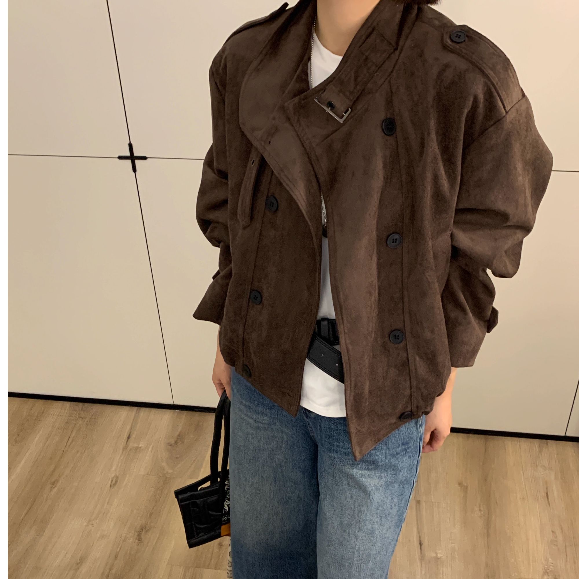 美式复古麂皮绒风衣外套女欧货2025秋季新款时尚休闲宽松夹克上衣