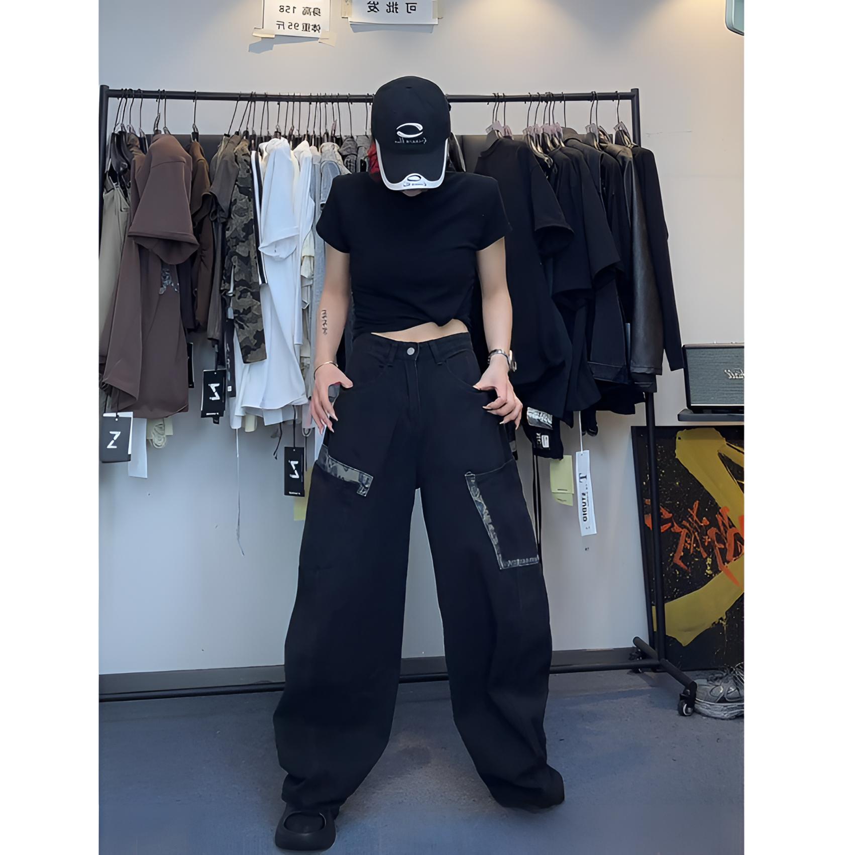 DAXIECHA｜阔腿裤印花女长裤牛仔裤豹纹黑色百搭cleanfit风#99009