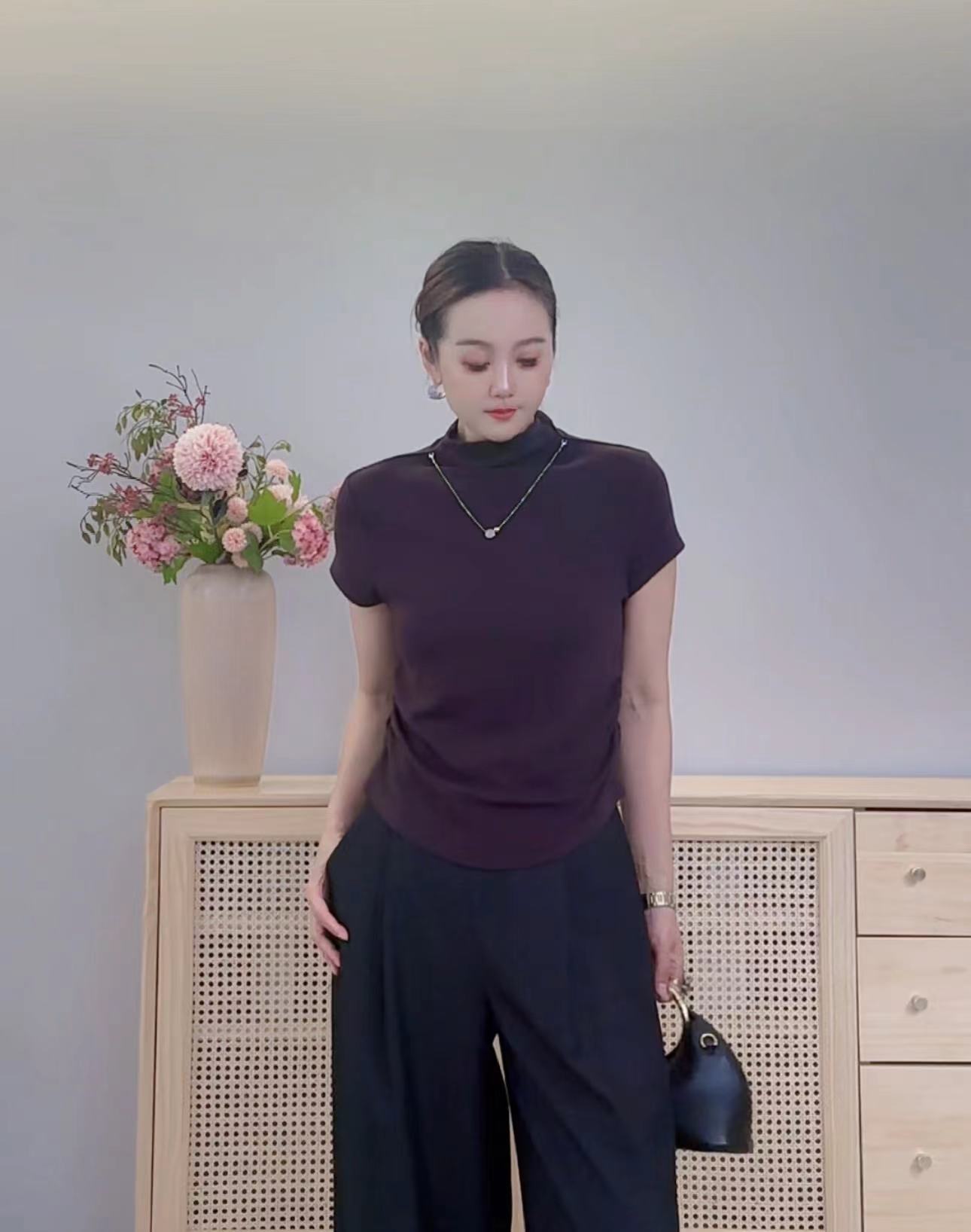 新款半高领女士T恤2025女短袖秋季气质正肩飞袖收腰显瘦8805#
