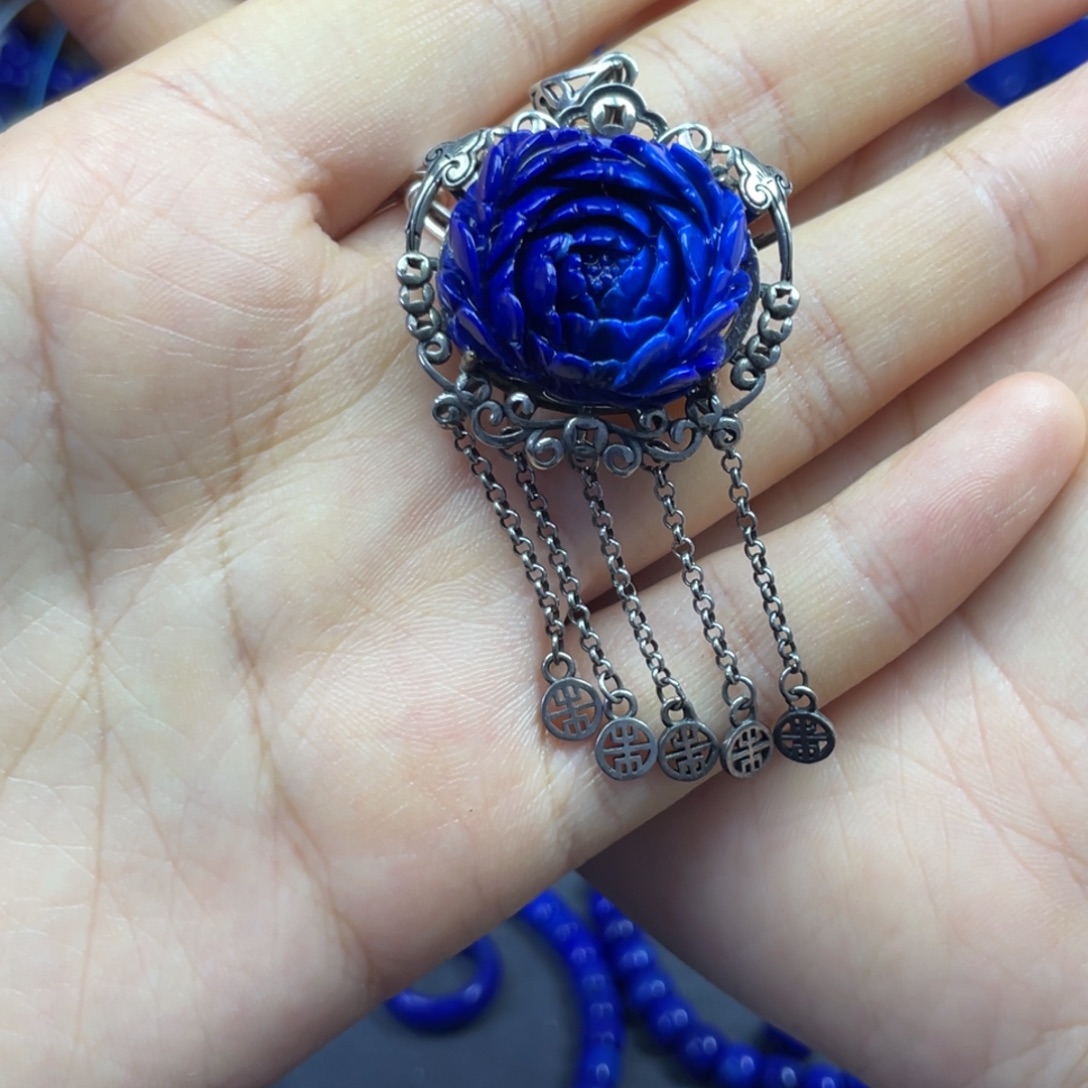 青金石银S925镶嵌花花吊坠