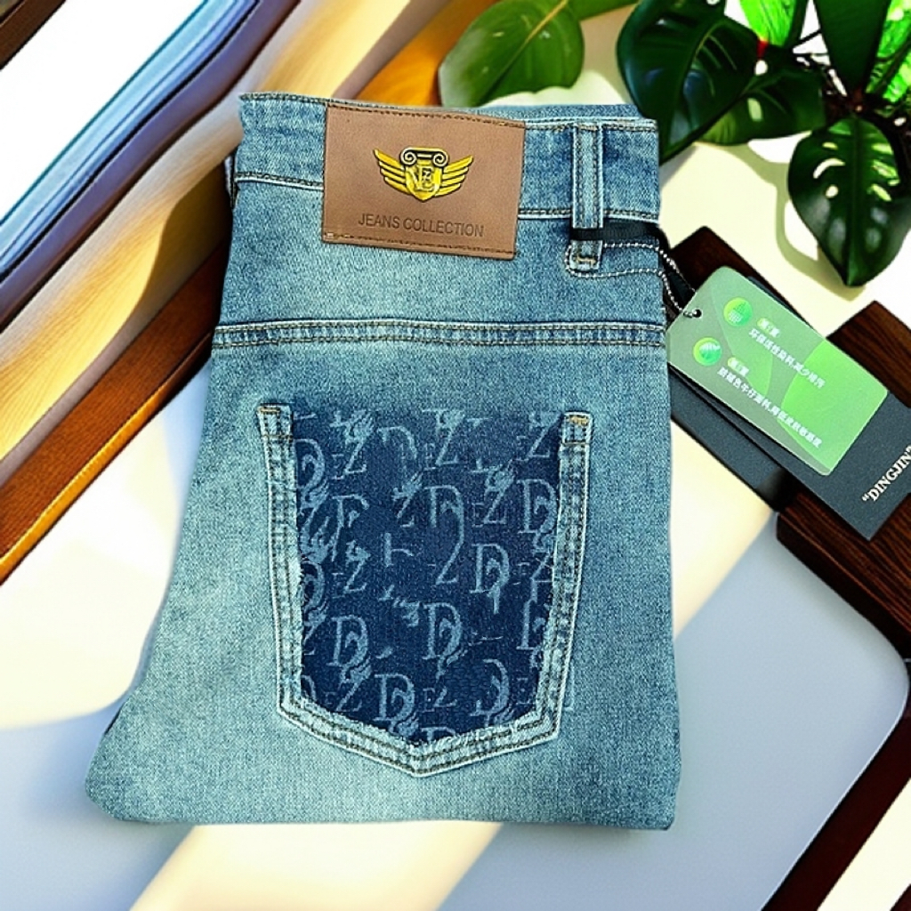 欧美潮牌25春夏新款7721口袋印花破洞牛仔裤修身男士休闲长裤