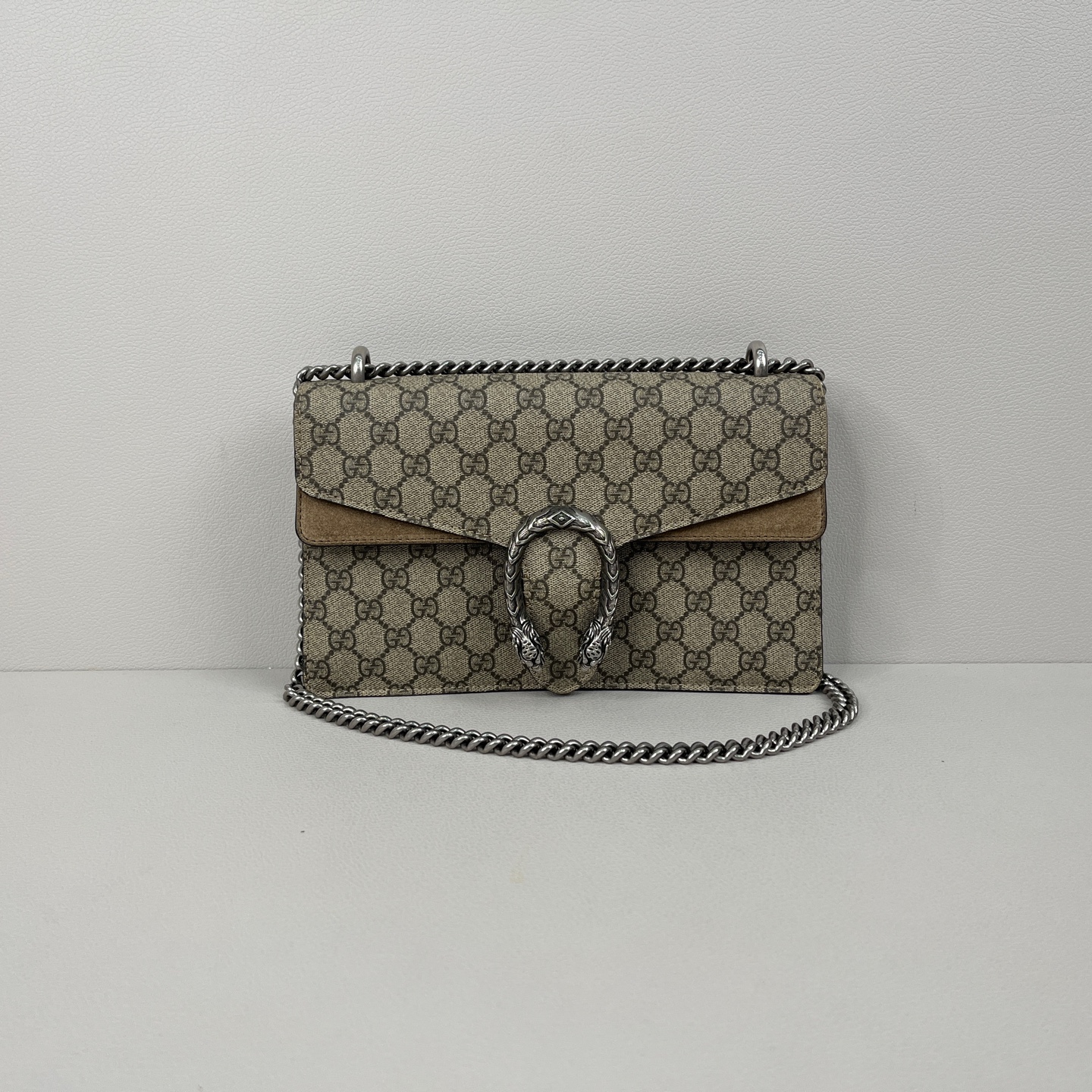 95新 GUCCI/古驰 Gucci驼色麂皮拼老花中号酒神链条包5864