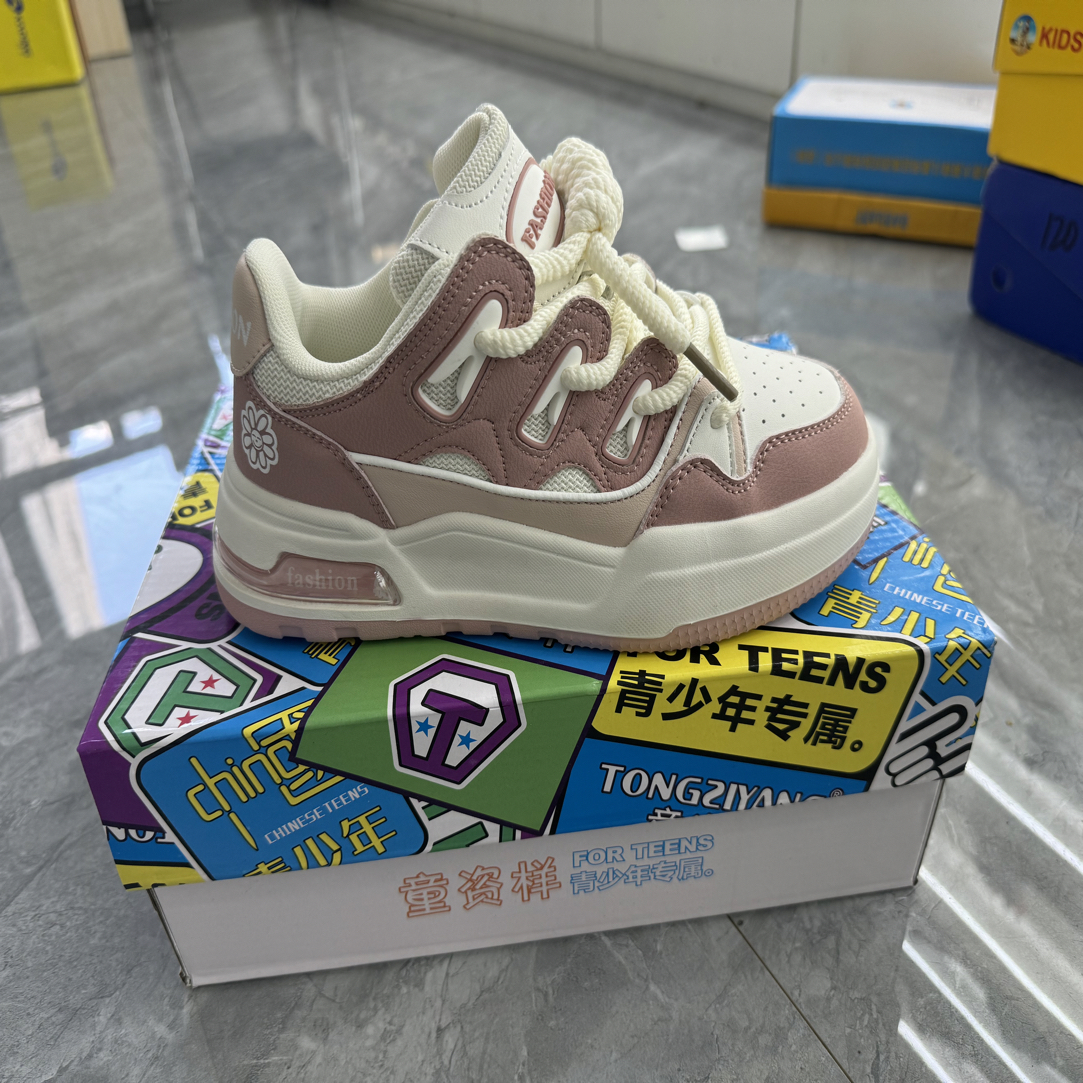 单色女童面包底系带休闲板鞋韩版老爹鞋青少年时尚
