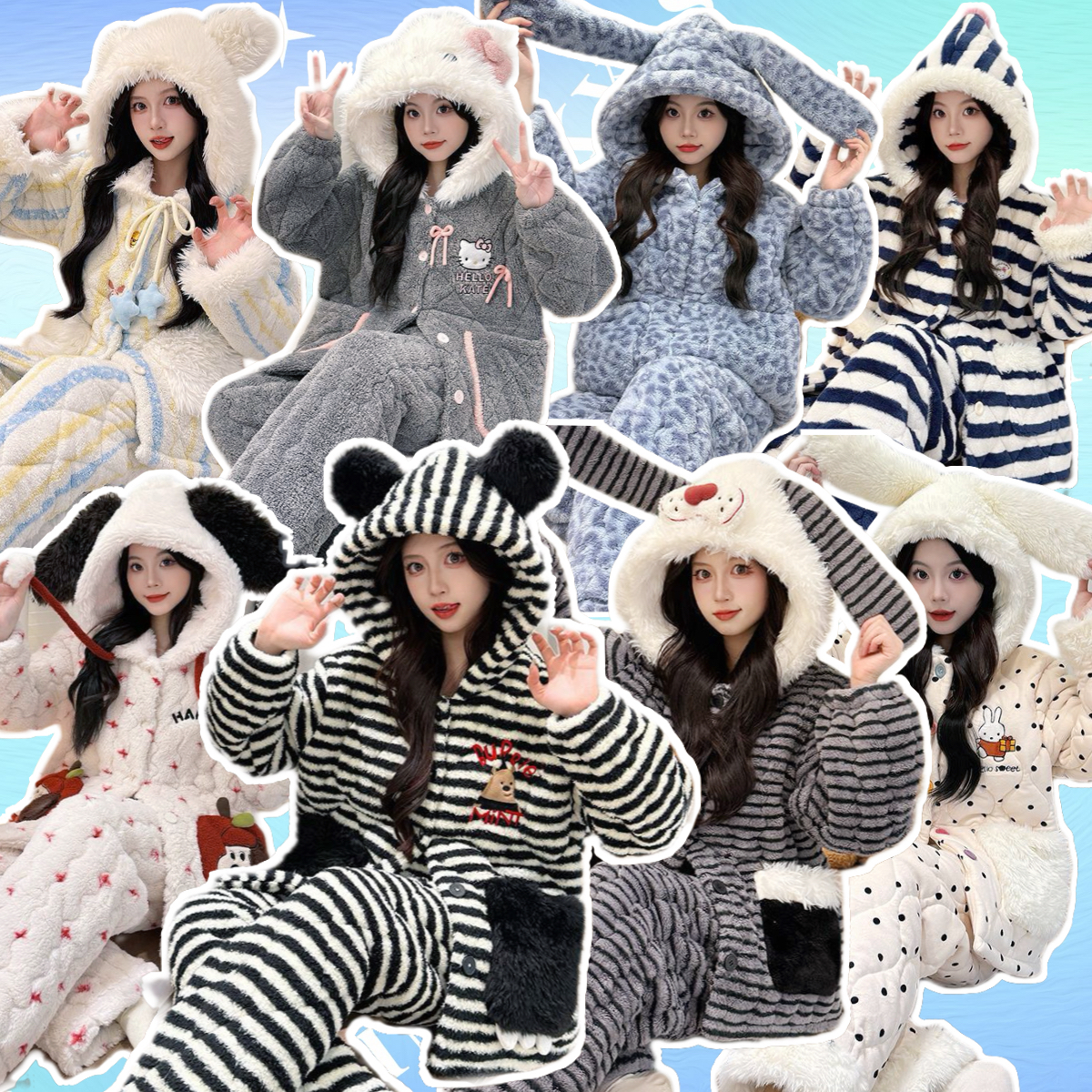 【2号链接】冬季三层夹棉加厚睡衣女韩版保暖家居服连帽大码新款