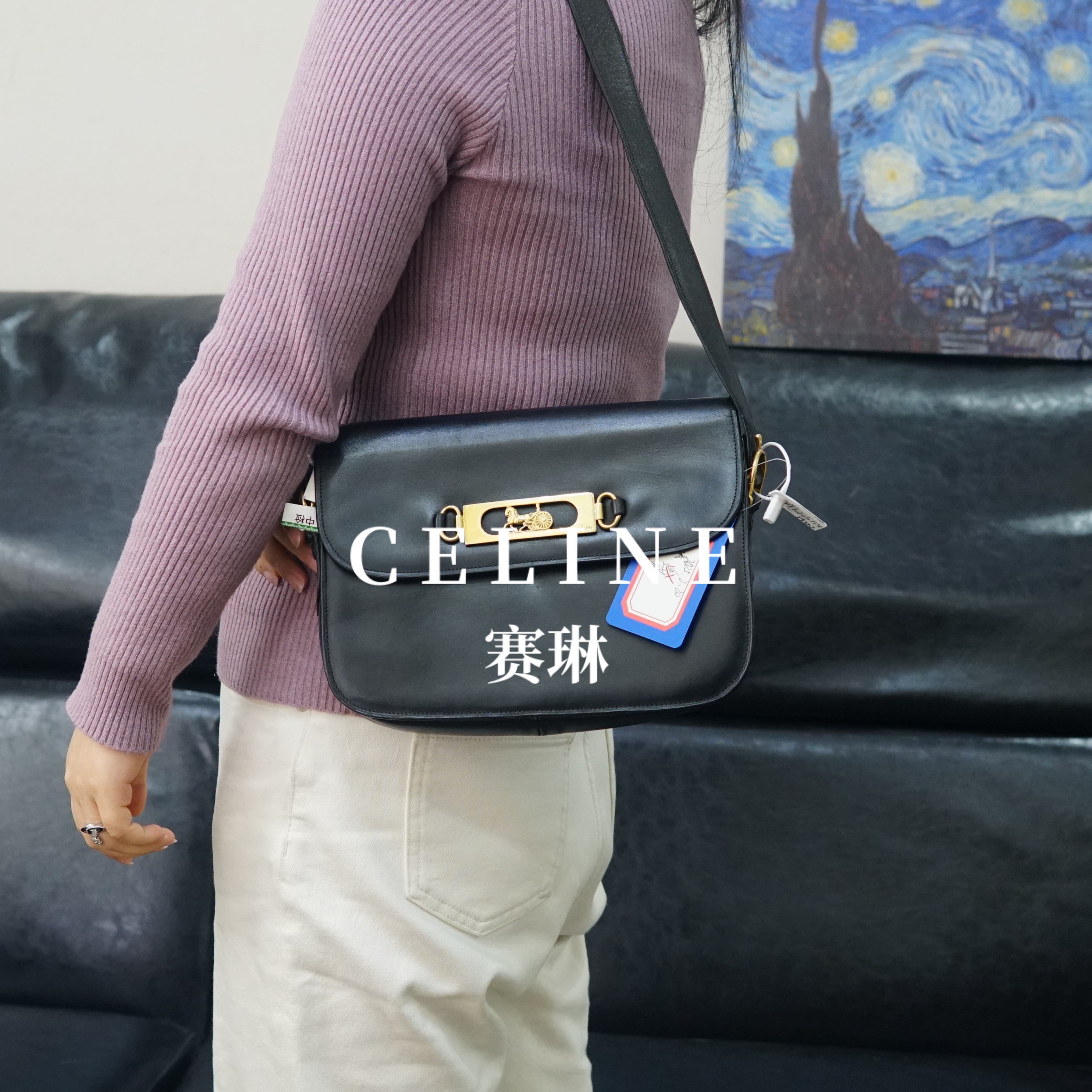 95新 Celine/思琳 黑金单肩包/PJ10106714/6714