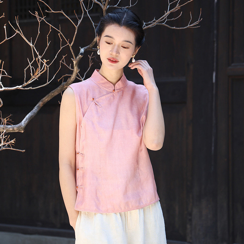 柞蚕丝手织稠脏染立领斜门襟系扣无袖马甲背心