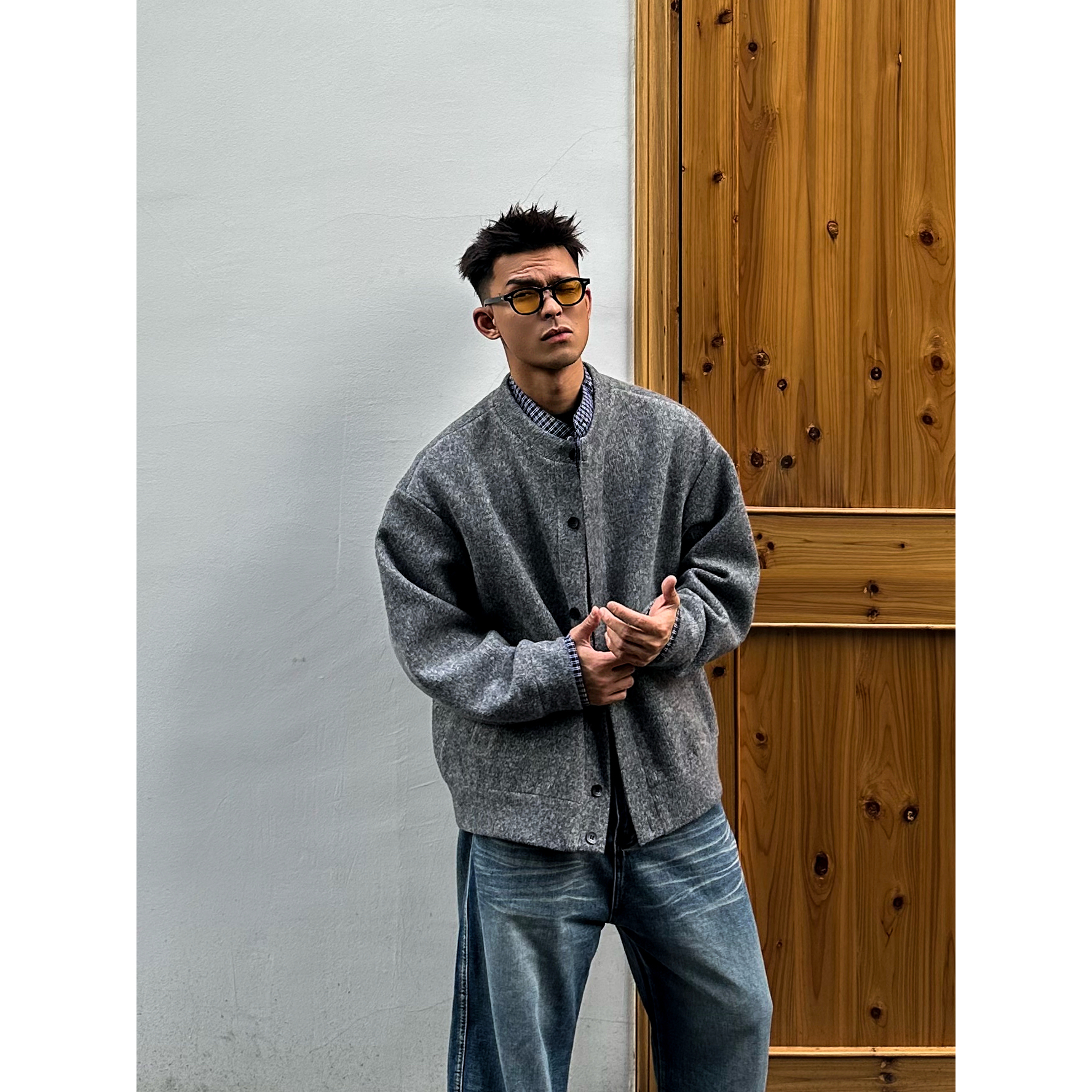 【Mark马克】冬季休闲百搭复古圆领假两件拼接针织毛线开衫外套