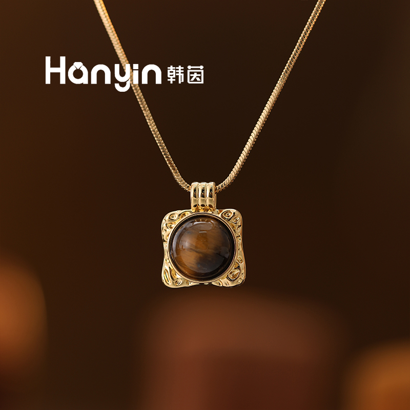 简约大气蛋面木变石虎眼石肌理方形蛇骨项链