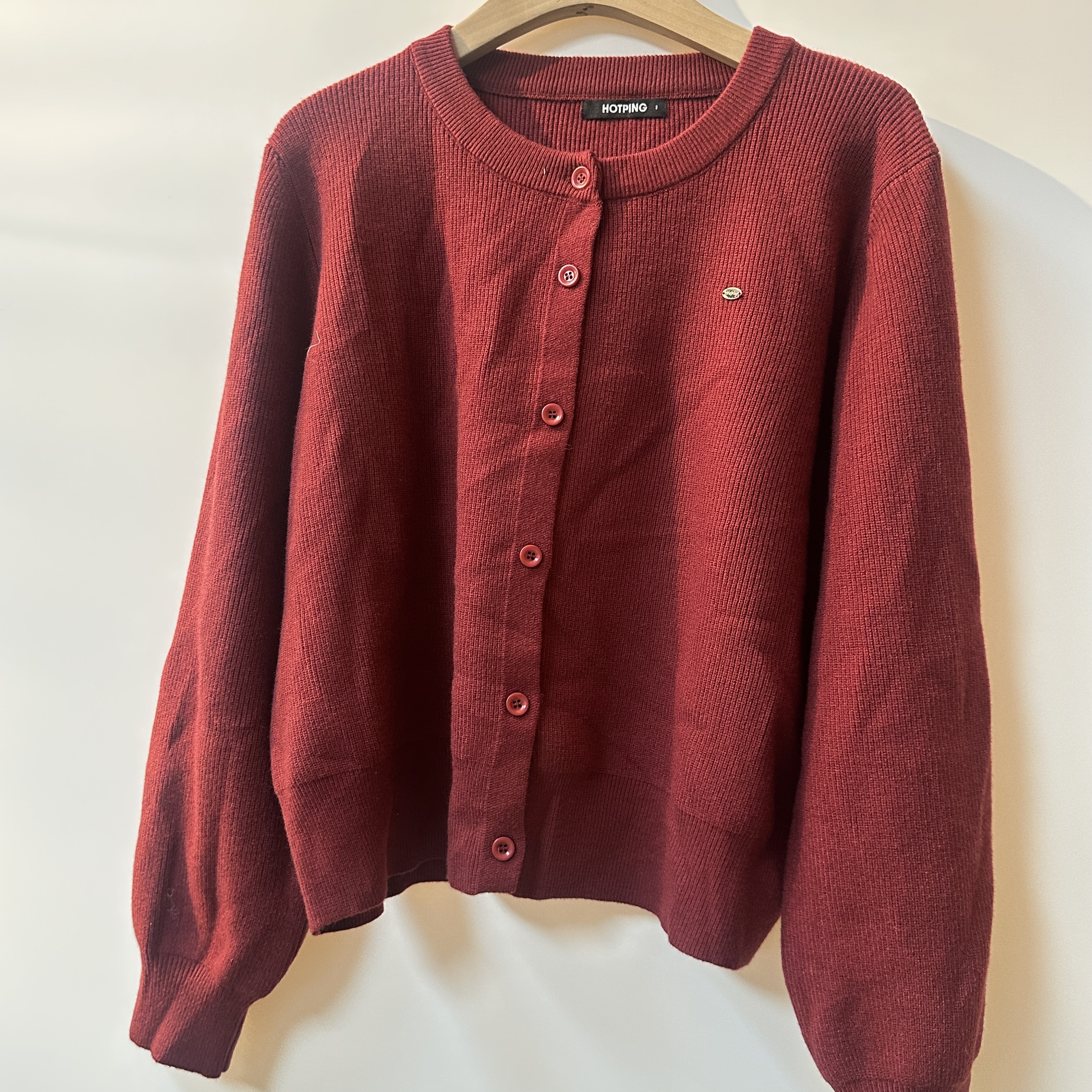 秋季短款上衣红色秋冬长袖时尚毛针织衫开衫极简风女装圆领