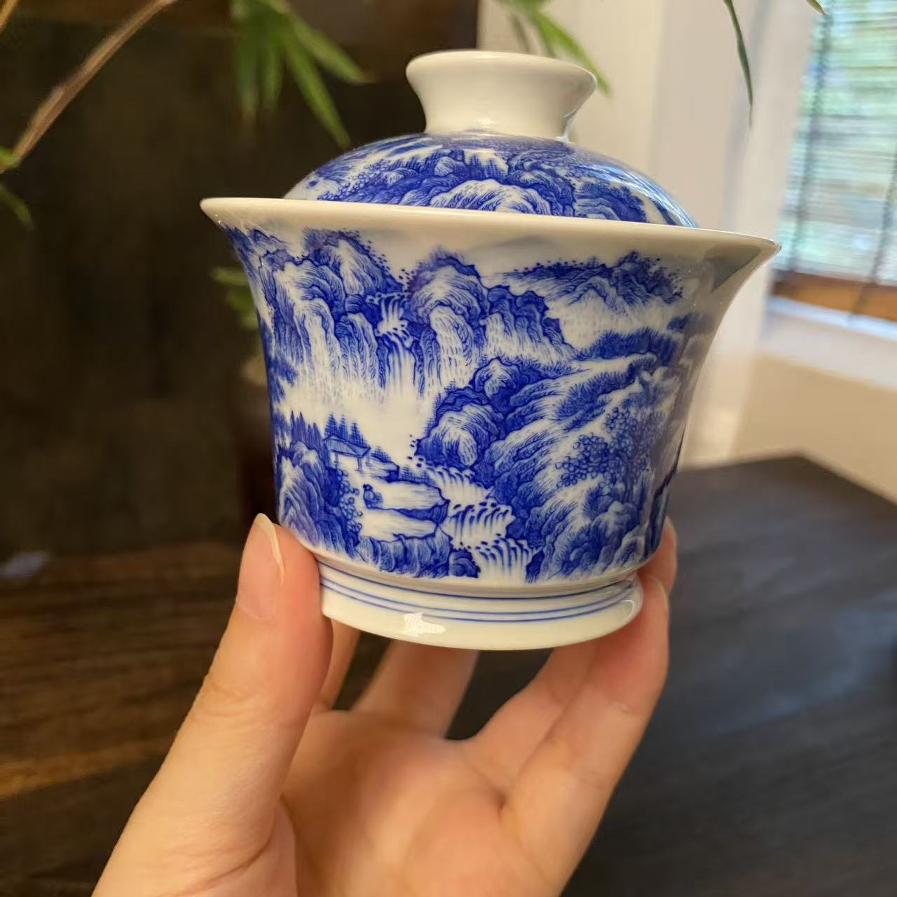 【四悦茶陶】青花山水马蹄盖碗 景德镇陶瓷手工手绘 容量130毫升