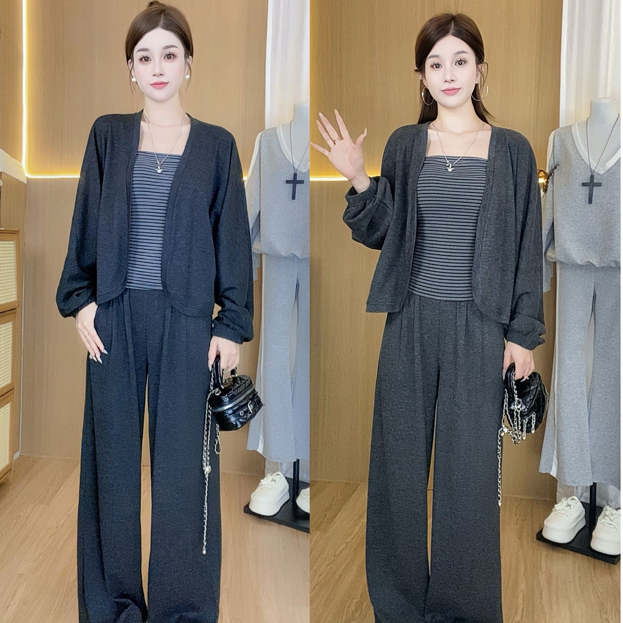 条纹吊带背心开衫外套+阔腿裤三件套女2025秋季新款休闲时尚套装