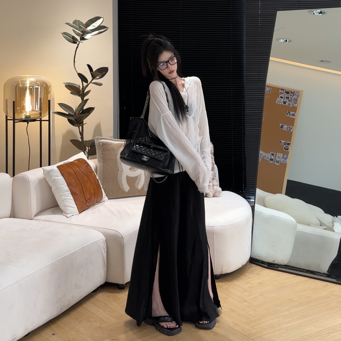 孙妍【皱皱裤】小众设计感高腰宽松肌理感皱皱开叉阔腿裤女新款