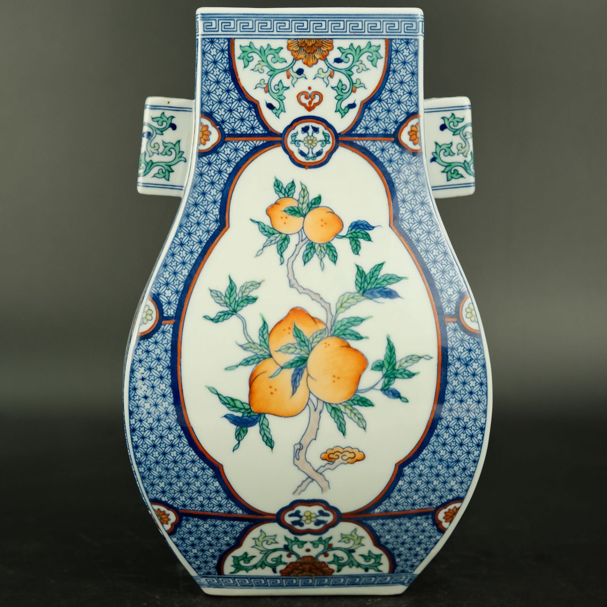 JL-2412-0023清乾隆青花五彩开窗贯耳瓶古董瓷器