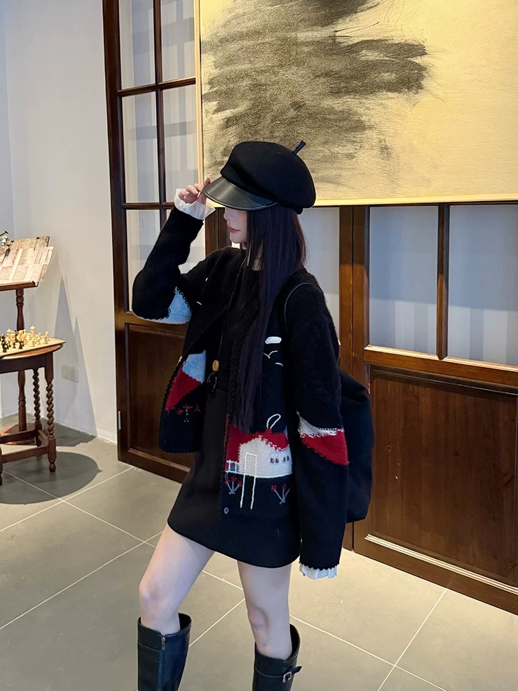 【牧野村居】25秋拼色手绣针织衫气质百搭开衫圆领外套D1642