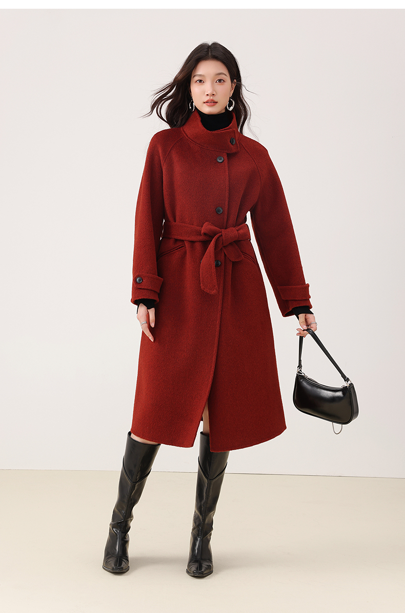 爱客老钱风翻领宽松型带腰带双面羊毛大衣YA24444D506